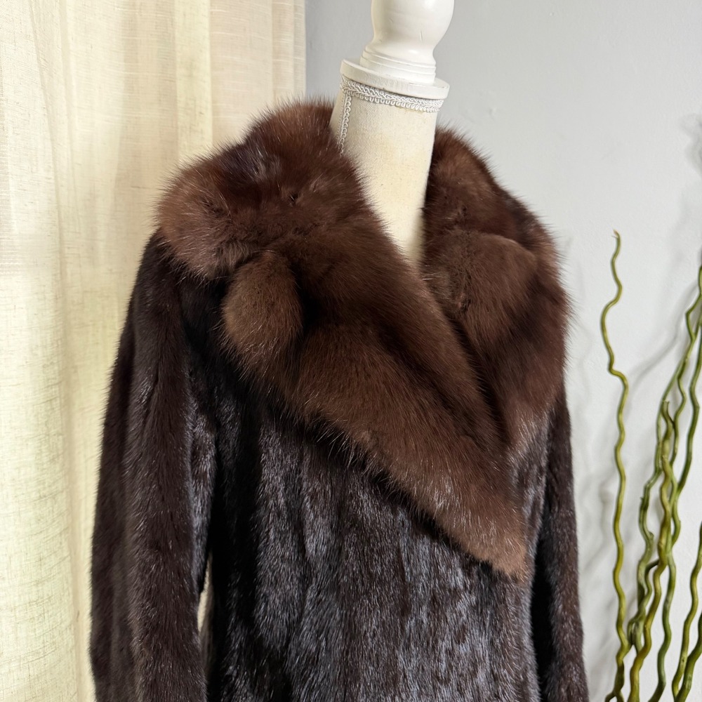 Vintage Mink Fur Coat Full Length Brown Floral Embroidered Lining Women's Medium - Picture 7 of 16